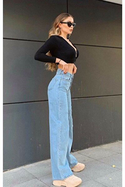 Trn JNS Ανοιχτό μπλε ψηλόμεσο φαρδύ γυναικείο τζιν παντελόνι Palazzo