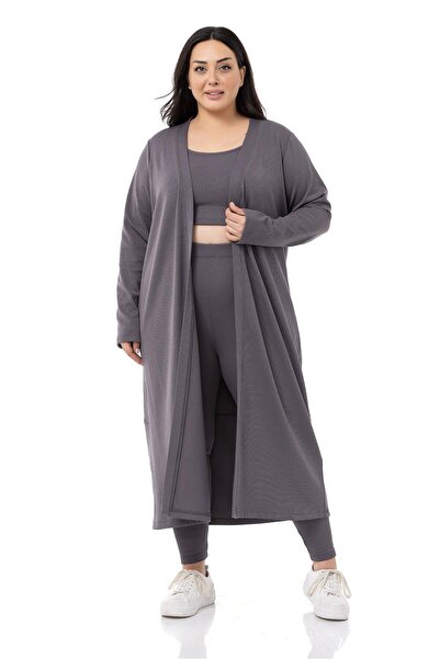 DISENTIS MODEST سترة صوفية قصيرة مقاس كبير، مجموعة ثلاثية باللون الرمادي الداكن