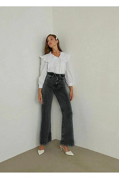 Trn JNS Pantaloni Palazzo din denim, casual, cu talie înaltă afumată