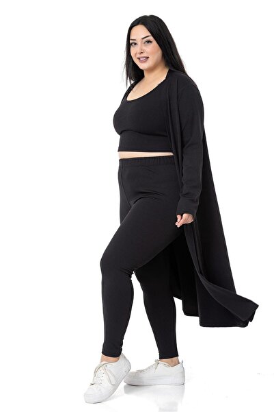 DISENTIS MODEST Large Size Ribbed Crop Body Tights Cardigan Triple Black Set