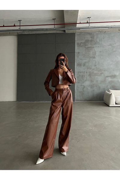 Laluvia Tan Leather Crop Single Button Blazer Jacket Trousers Set