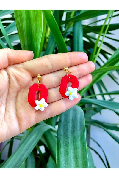 TREND Red Polymer Earrings with White Minimal Flowers