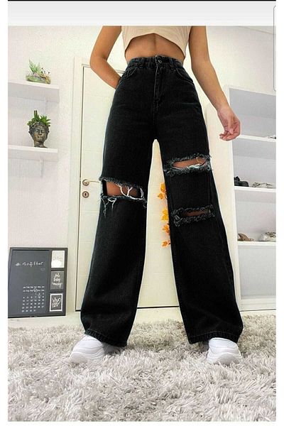 Trn JNS Pantaloni palazzo din denim cu talie înaltă rupti negri
