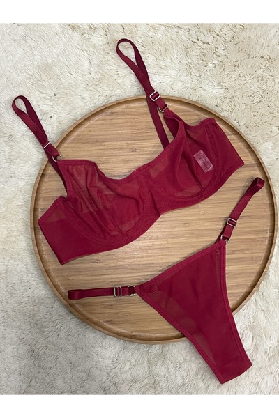 mendoza store Shiny Burgundy Red Mix Tulle Thong Panty Bra Suit...