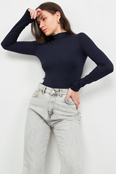 modavingo Дамско тъмносиньо боди с дълъг ръкав и лодкаобразно деколте