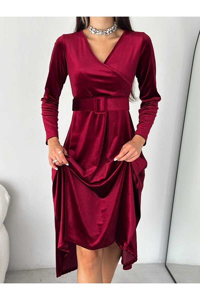 merlavin Rochie de damă din catifea cu mânecă lungă, cu mânecă lungă, cu guler dublu, cu centură (120 CM) (ALEGERARE CULOARE)