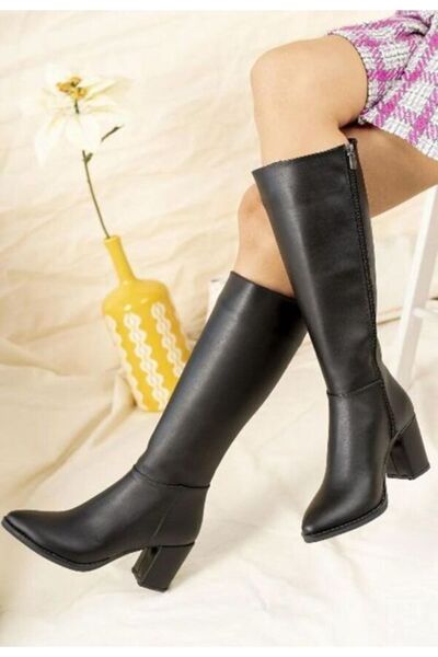 DS AYAKKABI Kadın Siyah Deri Topuklu Çizme