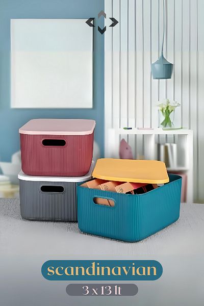 LİGROUND Scandinavian 3-Piece Multi-Colored 13 Lt Decorative Multi-Purpose Storage Box-organizer (STORAGE BOX)