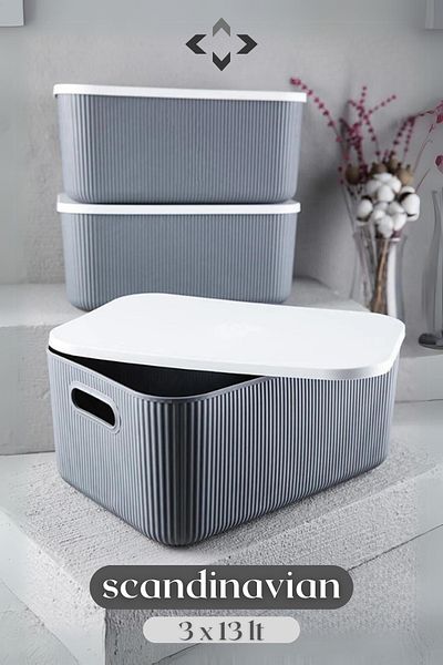 LİGROUND Scandinavian Set of 3 13lt Gray Decorative Multi-Purpose Storage Box Organizer (STORAGE BOX)