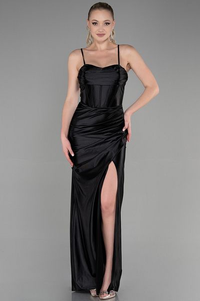 Abiyefon Long Satin Evening Dress - Black, Leg Cut, Underwire Corset ABU3247