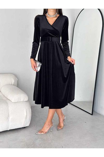 rengamoda Rochie de mireasa de absolvire pentru dama, cu guler dublu, catifea, cu centura