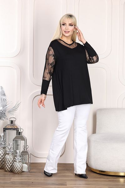 HÜLYA BUTİK BLACK V-NECK AND SLEEVE FLOWER PATTERN LACE BLOUSE