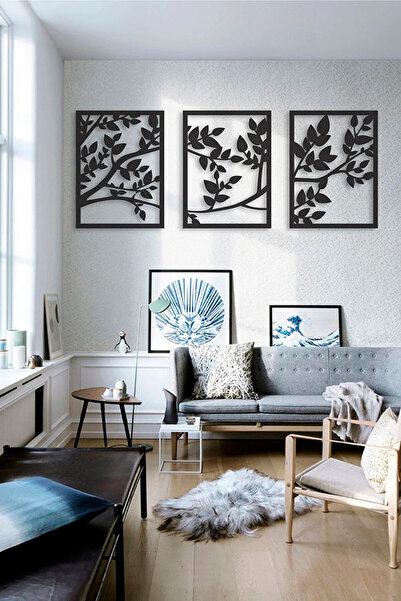 MODAT Üçlü Dal Ve Yaprak Desenli Ahşap Dekoratif Duvar Tablosu