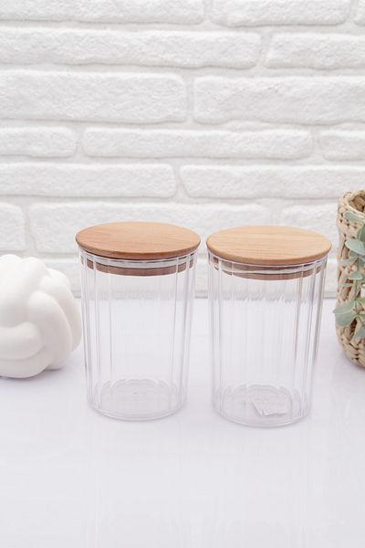 zezedesing Decorative Transparent Oval Striped Jar with Wooden Lid 800ML(2PCS)