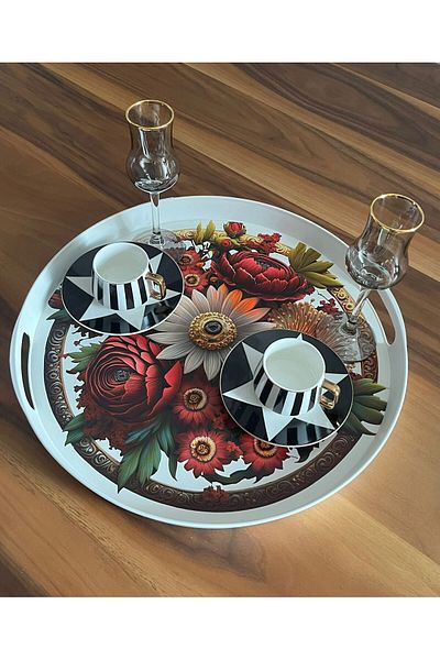 Panoramas Home Round White Custom Printing Daisy Pattern Large Size Serving Tea Coffee Presentation Tray