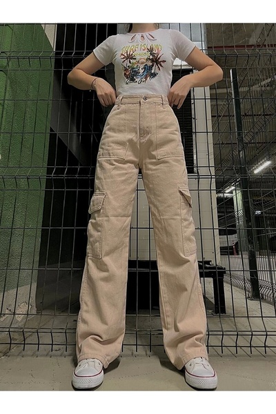 Violon Ön Cep Detaylı Unisex Krem Pantolon