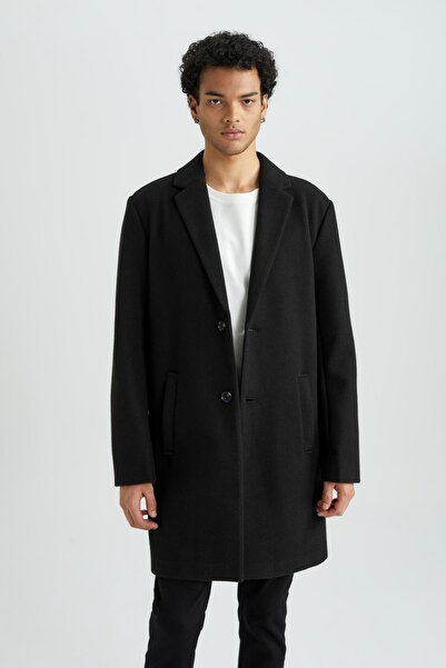 DeFacto Black Relax Fit Long Stamped Men's Coat with Pockets - Y8903Az23Au