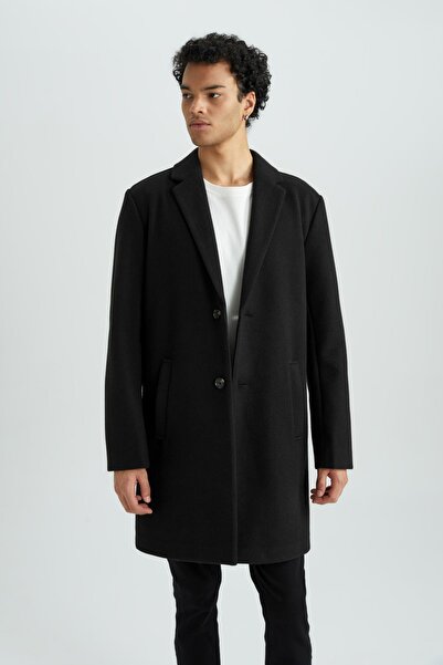 DeFacto Black Relax Fit Long Stamped Men's Coat with Pockets - Y8903Az23Au