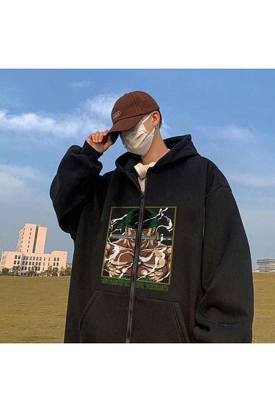 Touz One Piece Roronoa Zoro Printed Oversize Zippered Black Unisex Hooded Cardigan