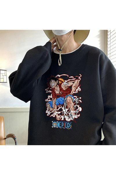 Touz One Piece Angry Printed Μαύρο Φούτερ Unisex Oversize Crew Neck