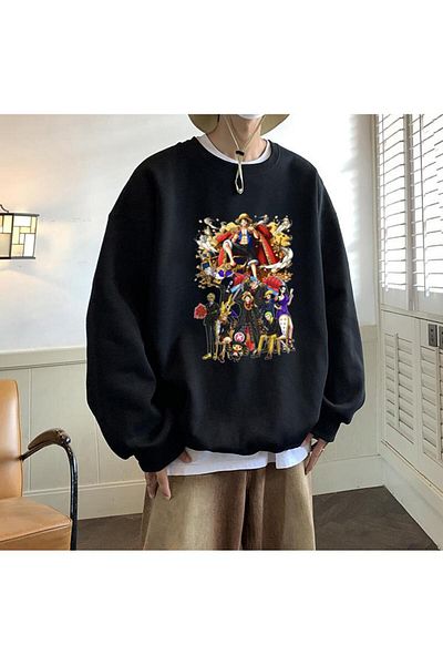 Touz Φούτερ με λαιμόκοψη One Piece All Characters Μαύρο Unisex Oversize