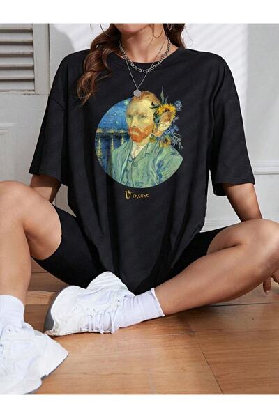 ORLONTEX Tricou negru unisex cu imprimeu supradimensionat Van Gogh cu decolte...