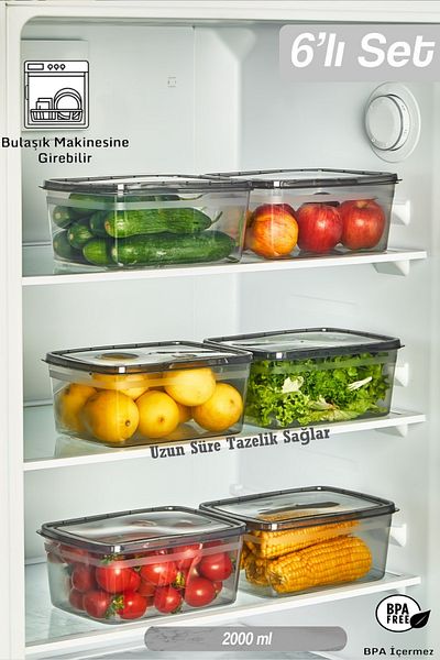 Bayev 6 Pieces Huge Smoked 2 Lt Refrigerator Storage Container Suitable for Vegetable Fruit Etc Deep Freezer