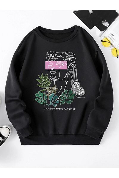 WNWGKN Hanorac oversize cu gât crew cu imprimeu Black Belief