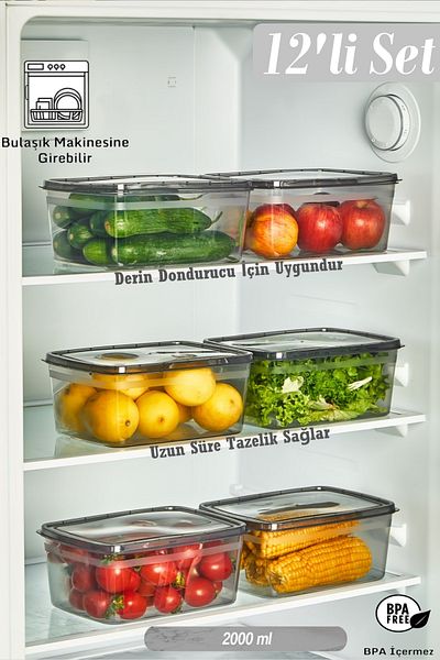 Bayev 12 Pieces Huge Smoked 2 LT Refrigerator Storage Container - Suitable for Deep Freezer
