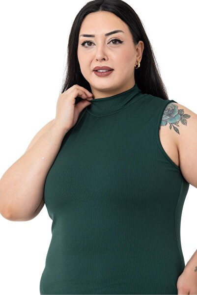 DISENTIS MODEST Plus Size Half Fishing Camisole with Ribbed Inside Sleeveless Stretch Short Emerald Dress
