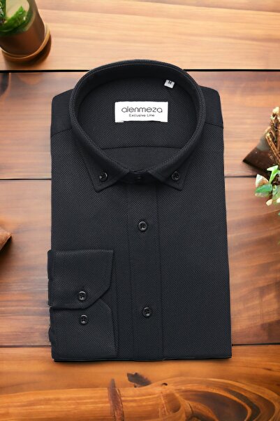 alenmeza Erkek Siyah Dobby Armür Dokuma Düğmeli Yaka Casual Modern Fit Kolay ...