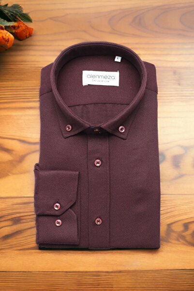 alenmeza Erkek Bordo Dobby Armür Dokuma Düğmeli Yaka Casual Modern Fit Kolay ...