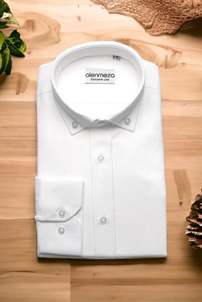 alenmeza Erkek Beyaz Dobby Armür Dokuma Düğmeli Yaka Casual Modern Fit Kolay ...