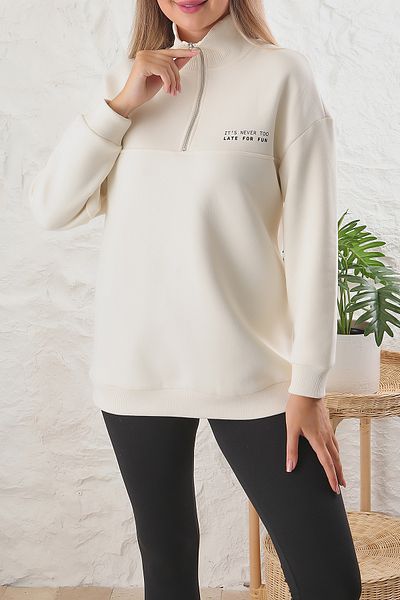 ESPİNA Women's Oversize Zippered Stand Collar Slogan Printed 3-thread Fleece Lined Tunic Sweatshirt