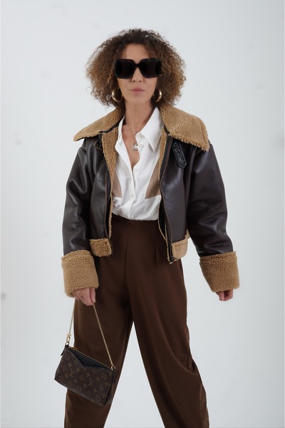 Zelish My Sister Κοντό παλτό από συνθετικό δέρμα καφέ