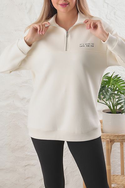 ESPİNA Women's Oversize Zippered Stand Collar Slogan Printed 3-thread Fleece Lined Tunic Sweatshirt