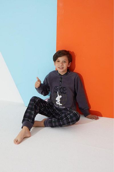 MEBA Boy's Travel-Waiter Boy Collar Two-Button Cuffed Smoked Fleece Pajama Set