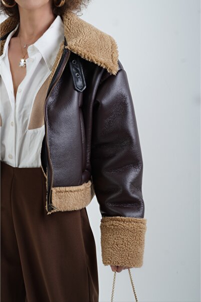 Zelish My Sister Κοντό παλτό από συνθετικό δέρμα καφέ