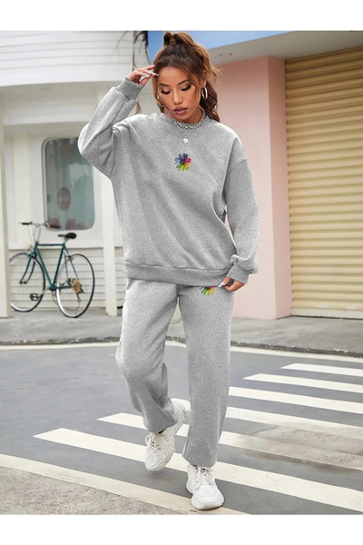 Aqweem Colorful Floral Printed Sweatshirt Tracksuit Bottom Top Set