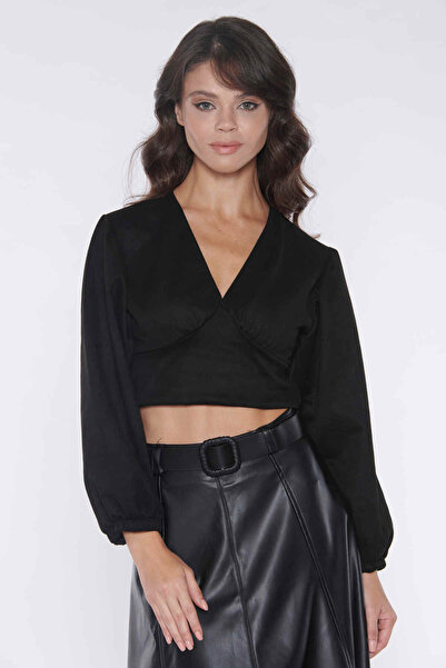 SOLİLDE Μαύρο σουέτ με κορδόνια στην πλάτη Crop Buluz