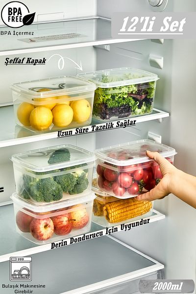 Bayev 12 Pieces Huge Transparent 2 LT Refrigerator Storage Container - Vegetable Box Suitable for Deep Freezer