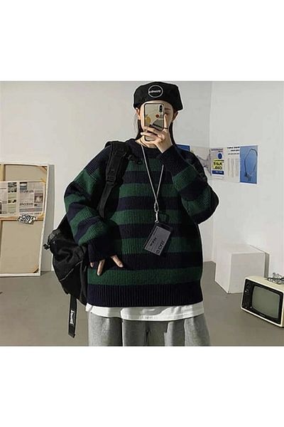 Violon Green-black Striped Streetwear Oversize Standard Size Sweater