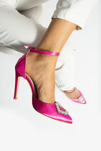 La Limar Pantofi cu toc pentru femei Limar Fuchsia Satin Stone, cu cureaua la gleznă, 10,5 cm, cu vârf ascuțit
