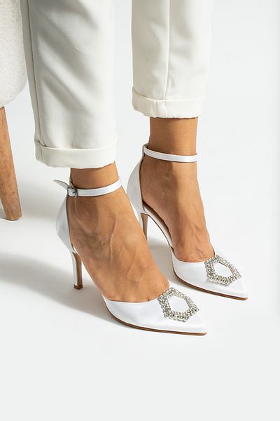 La Limar Limar White Satin Stone Detailed Ankle Strap 8.5 Cm Stiletto Pointed Toe Women's Heeled Shoes