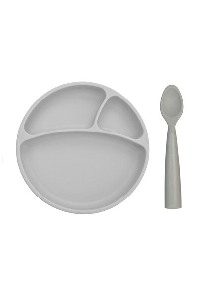 OiOi Vakum Tabanlı Silikon Tabak - Nam Nam Kaşık 2'li Set - Gri