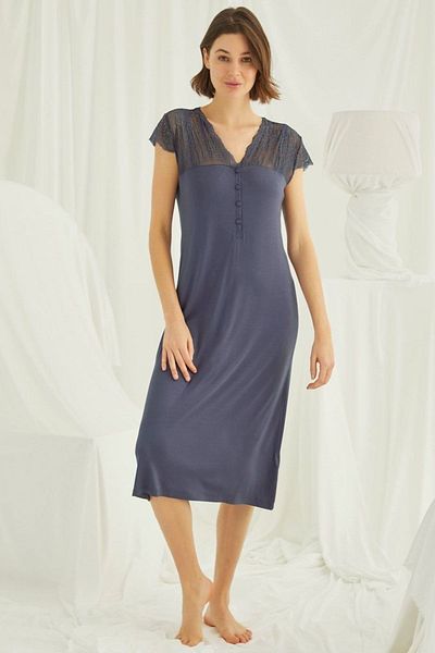 MONAMİSE 18454 Large Size Women's Navy Blue Half Placket Lace Oversize Nightgown