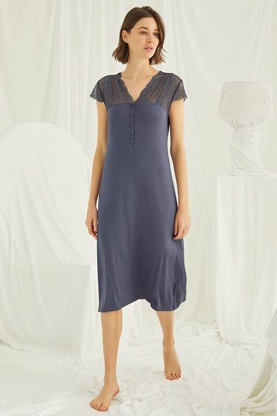 MONAMİSE 18454 Large Size Women's Navy Blue Half Placket Lace Oversize Nightgown