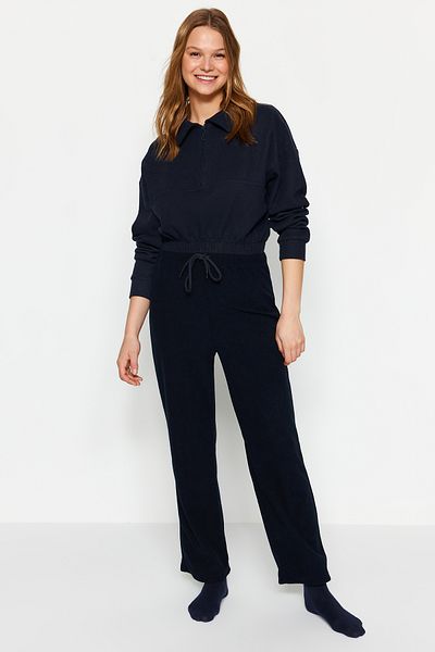 Trendyol Collection Navy Blue Soft Feel Velvet Tie Detailed Knitted Pajama Bottoms THMAW24PJ00008