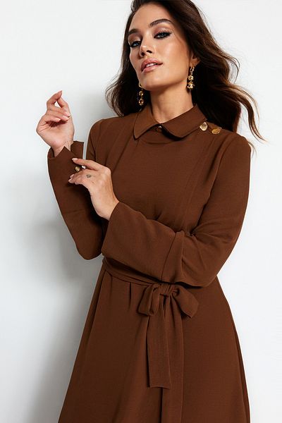 Trendyol Modest Tmavě hnědé aerobinové maxi tkané šaty TCTAW24EB00070