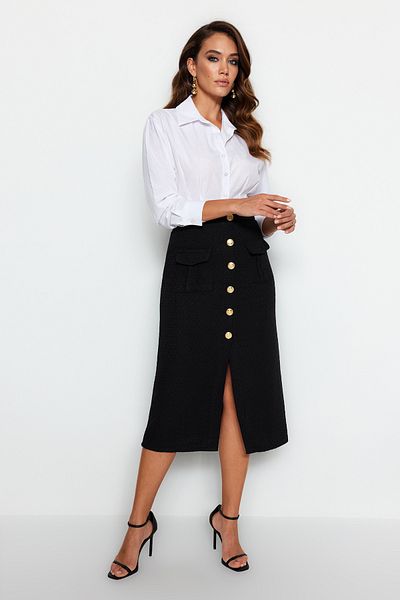 Trendyol Collection Detailní sukně z černé tvídové tkaniny TWOAW24ET00223